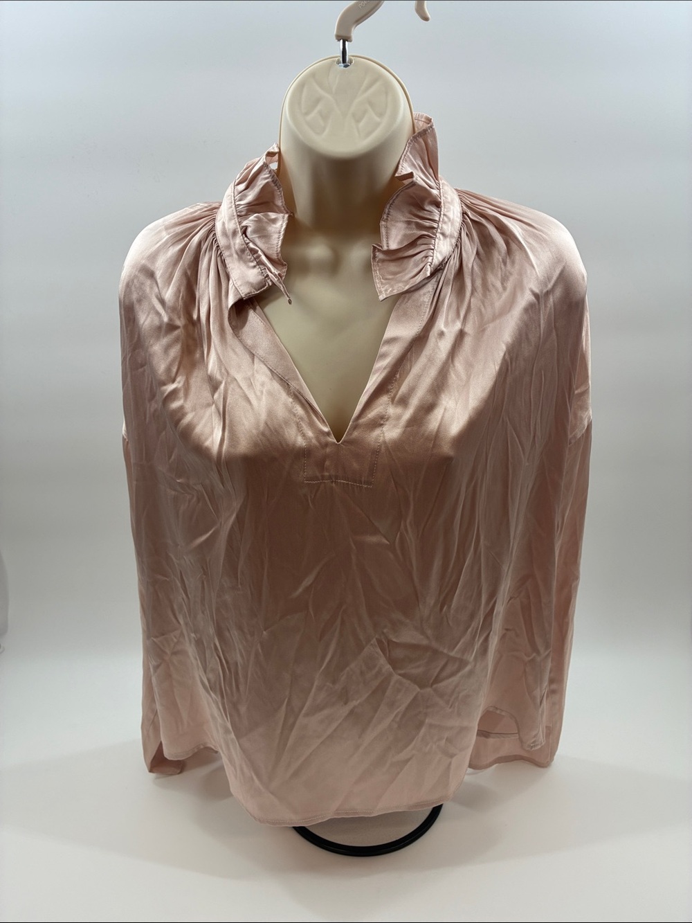 Ruffled V-Neck Satin Blouse - Pink